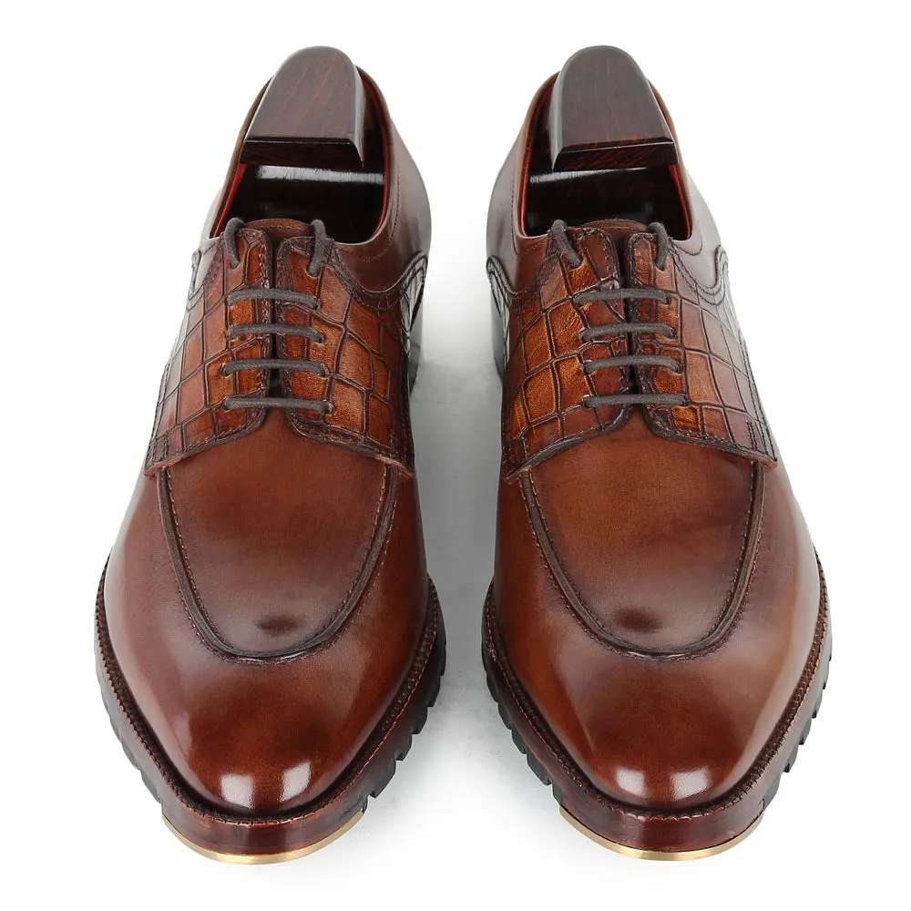 Brown Mirror Glossed Patina Croco Saddle Derby with Metal toe plate   Commando sole