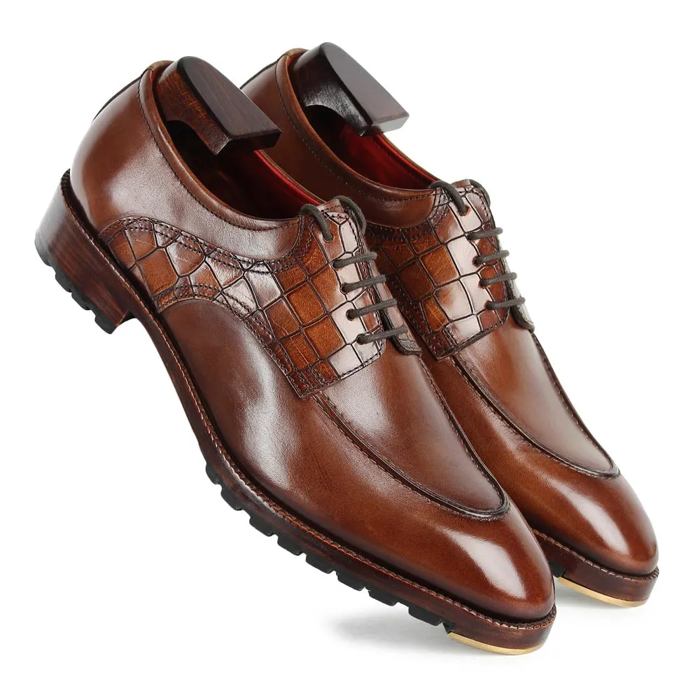 Brown Mirror Glossed Patina Croco Saddle Derby with Metal toe plate   Commando sole