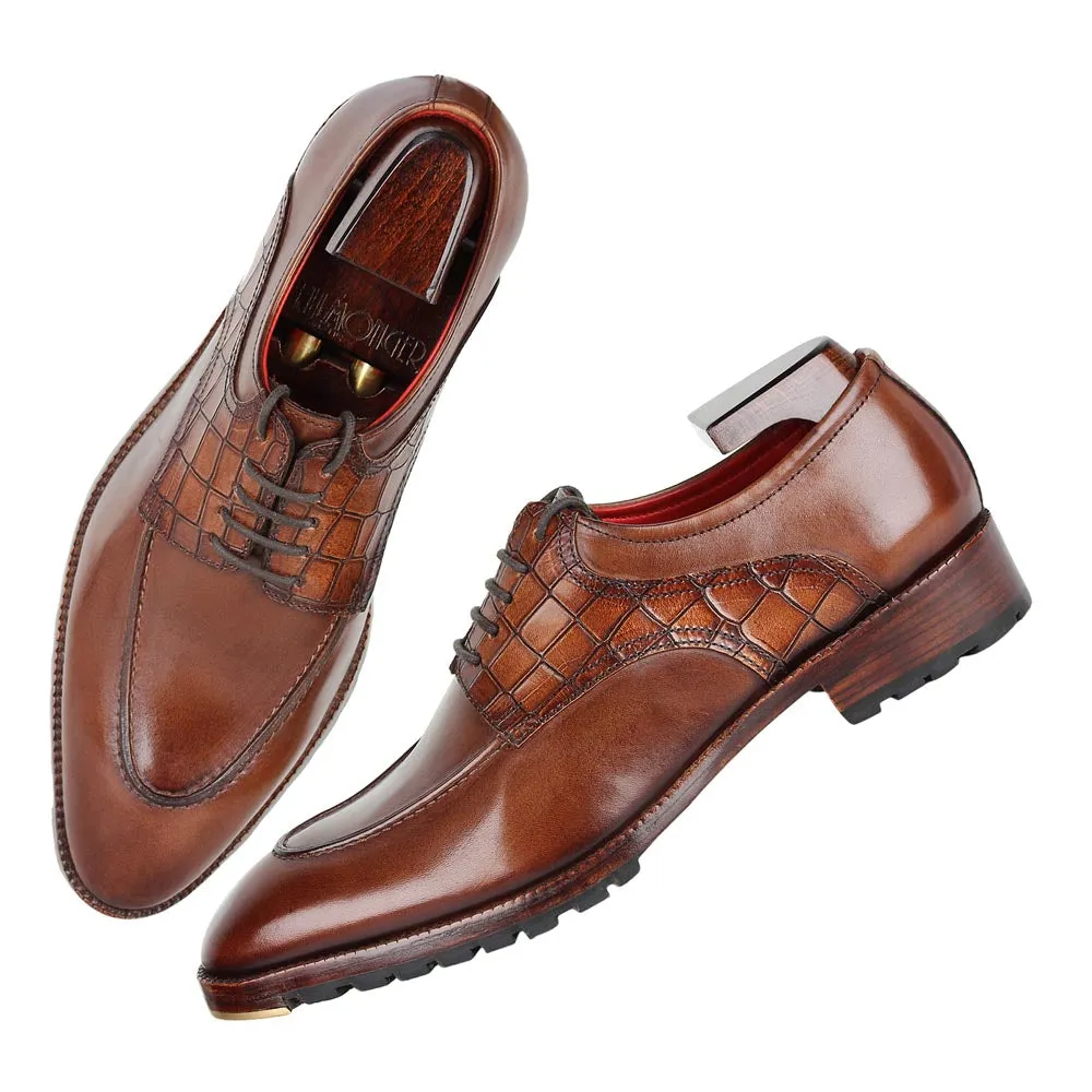 Brown Mirror Glossed Patina Croco Saddle Derby with Metal toe plate   Commando sole