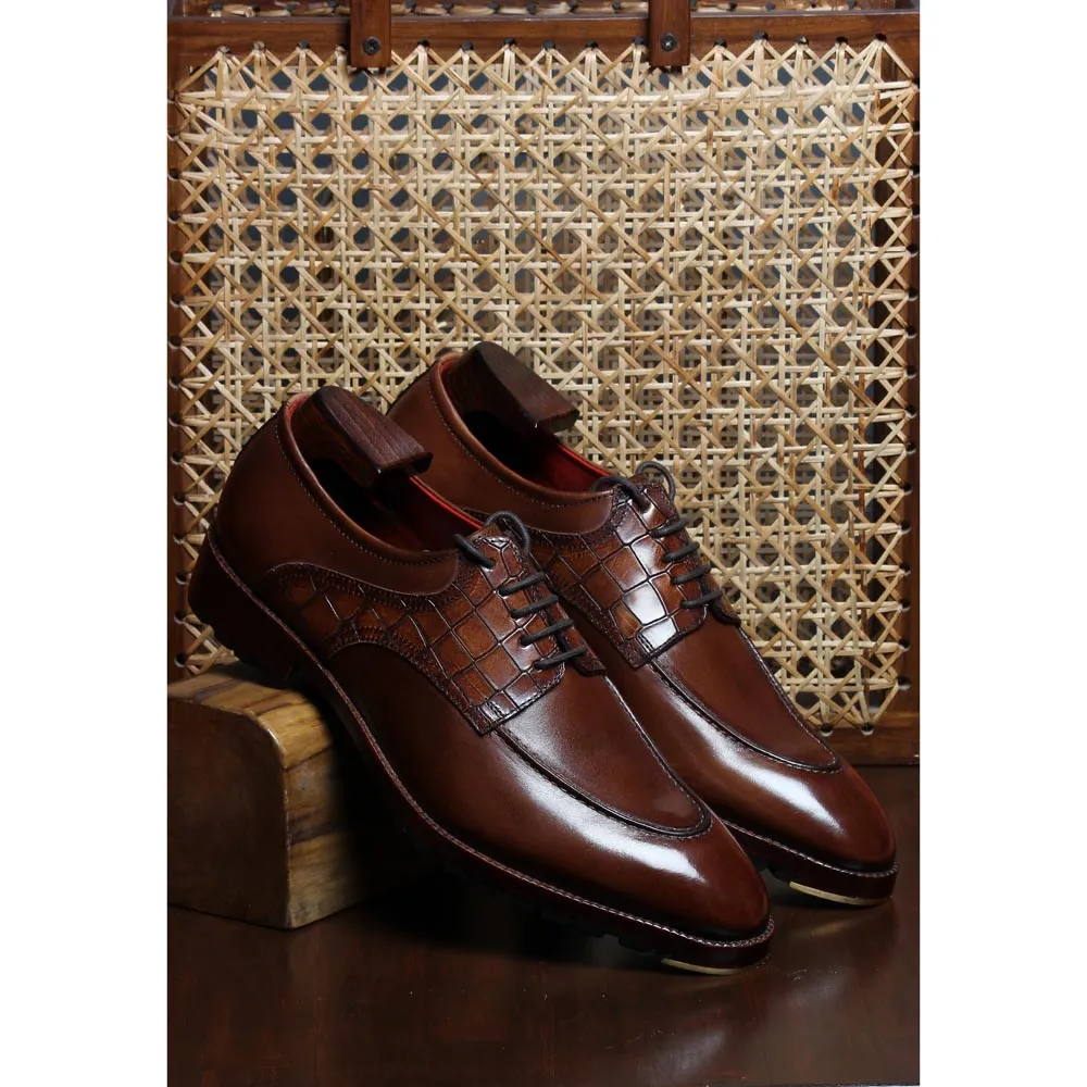 Brown Mirror Glossed Patina Croco Saddle Derby with Metal toe plate   Commando sole