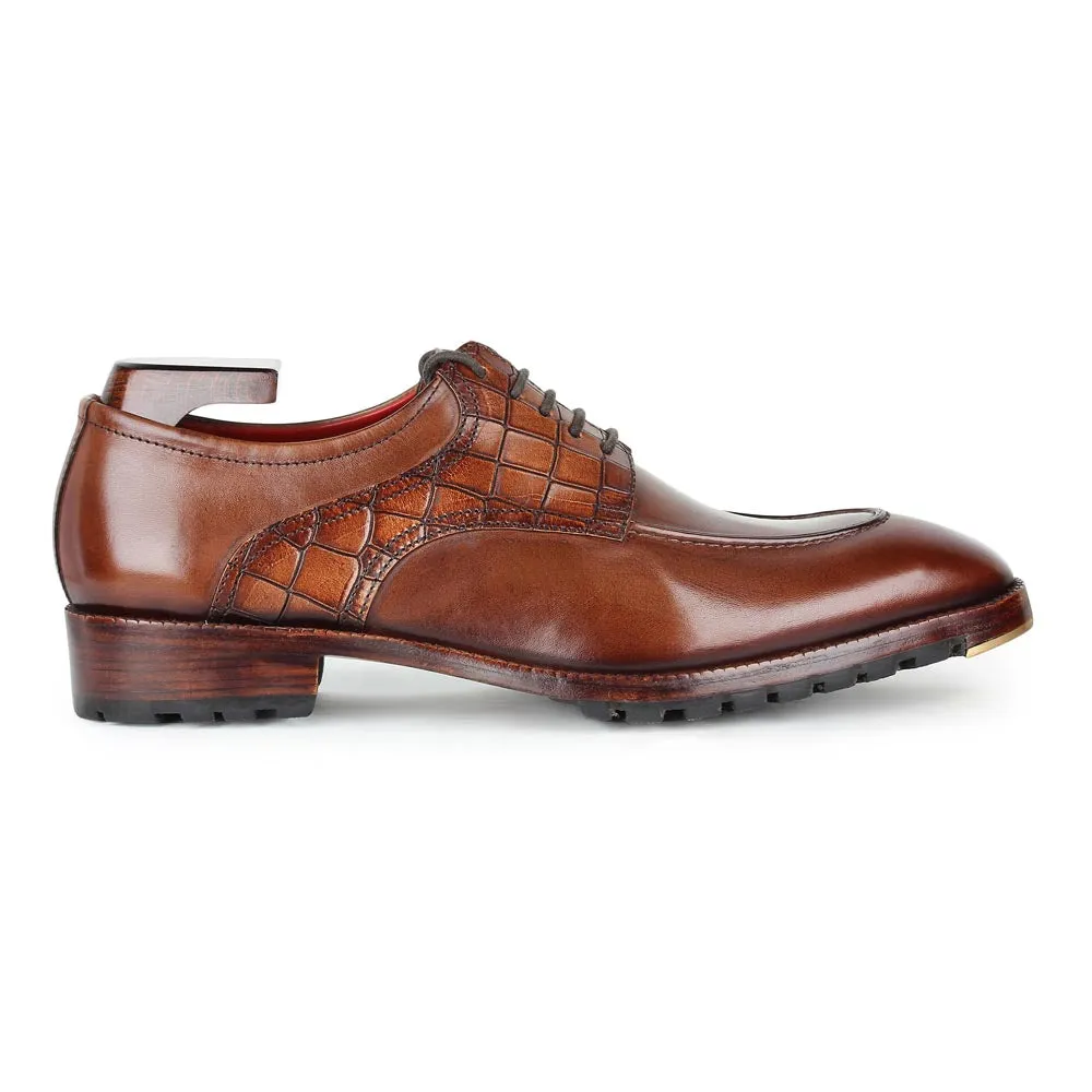 Brown Mirror Glossed Patina Croco Saddle Derby with Metal toe plate   Commando sole