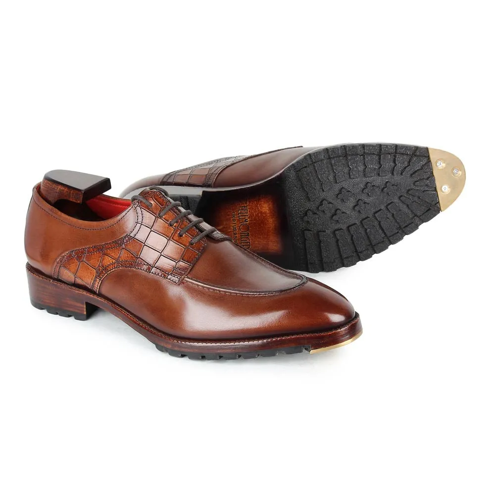 Brown Mirror Glossed Patina Croco Saddle Derby with Metal toe plate   Commando sole