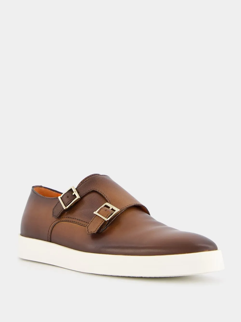 Brown Tumbled Leather Double-Buckle Shoe