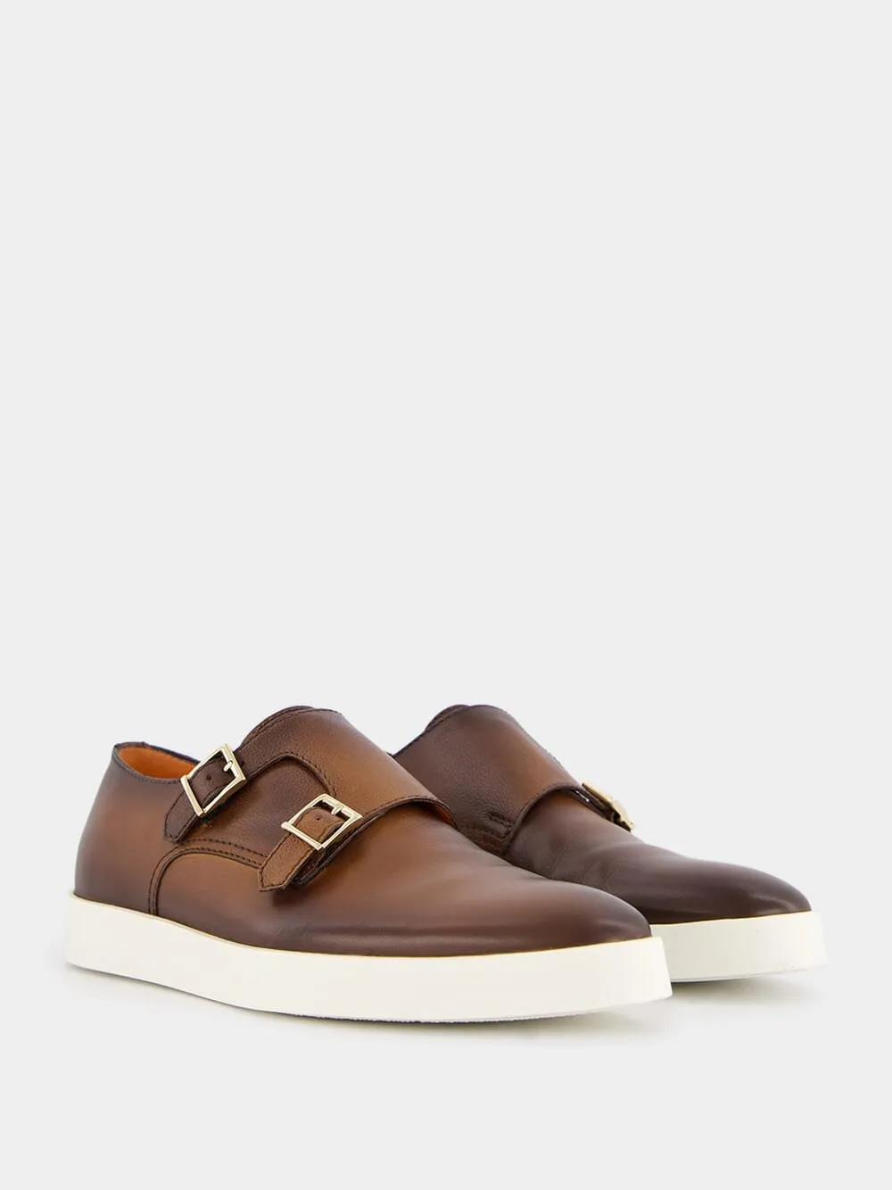 Brown Tumbled Leather Double-Buckle Shoe