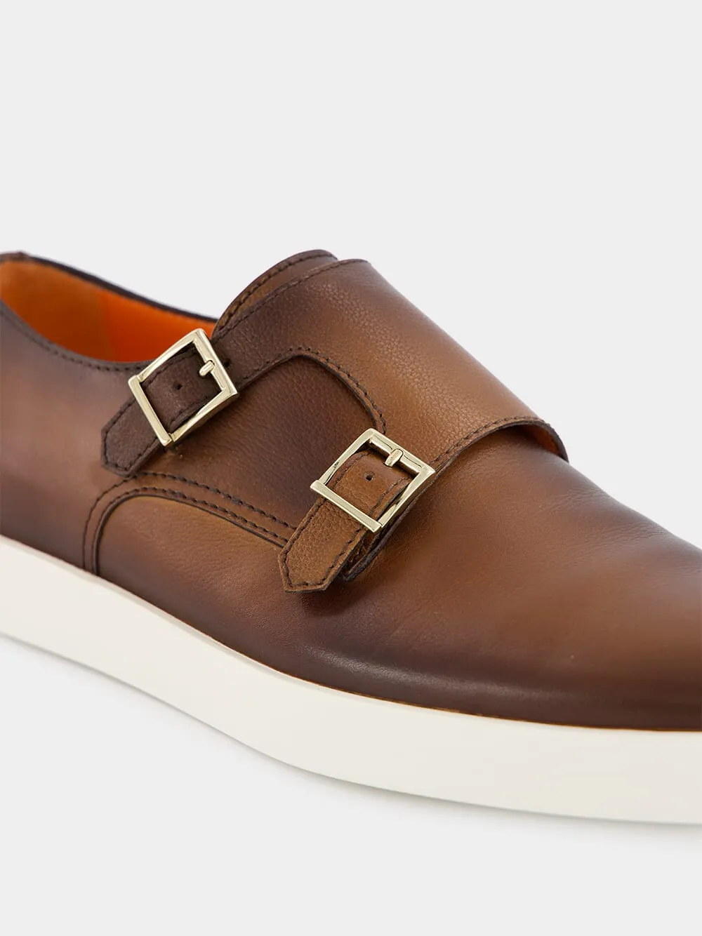Brown Tumbled Leather Double-Buckle Shoe