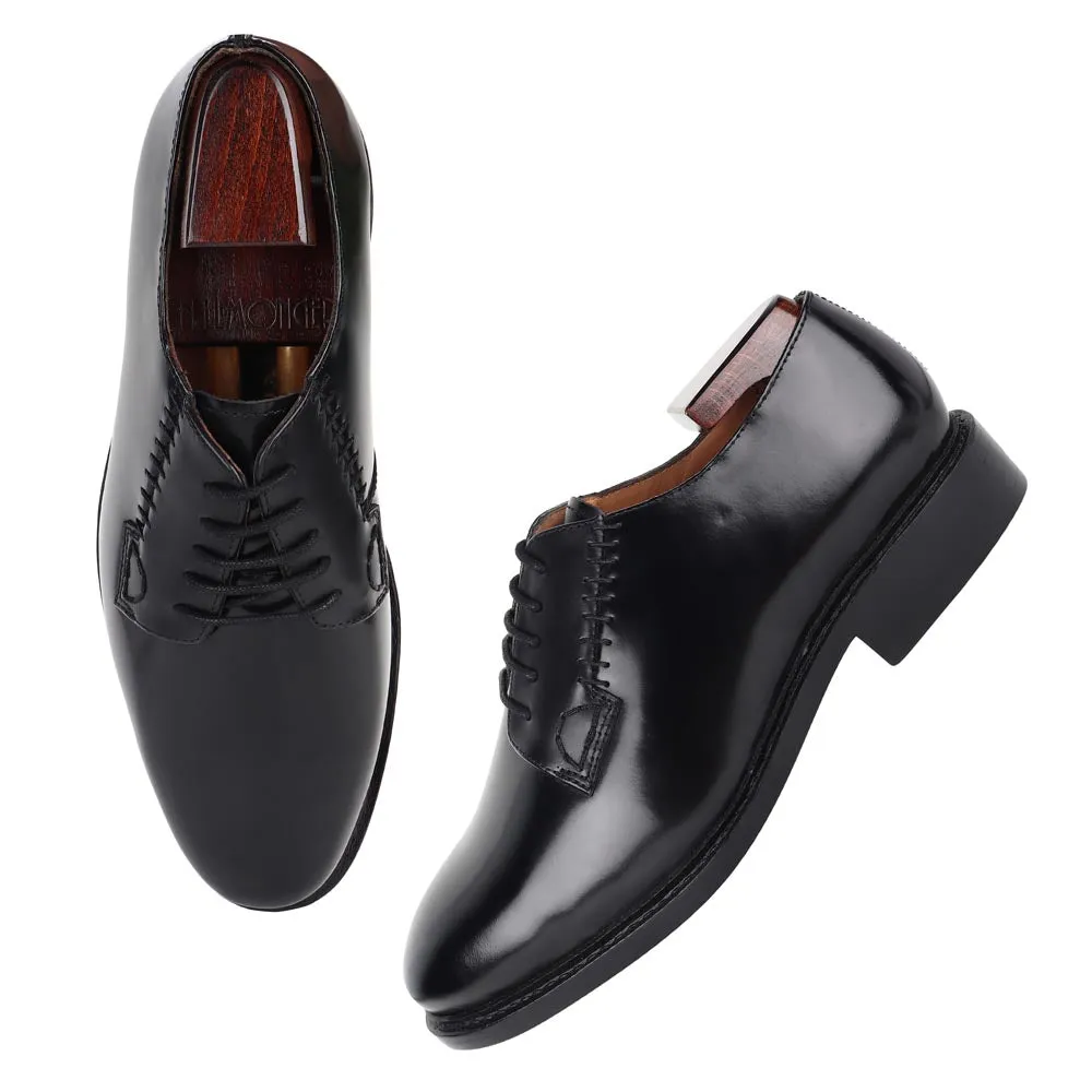 Brushed Black Calf Goodyear Welted Derby with Stitch Detail with Wide Fitting