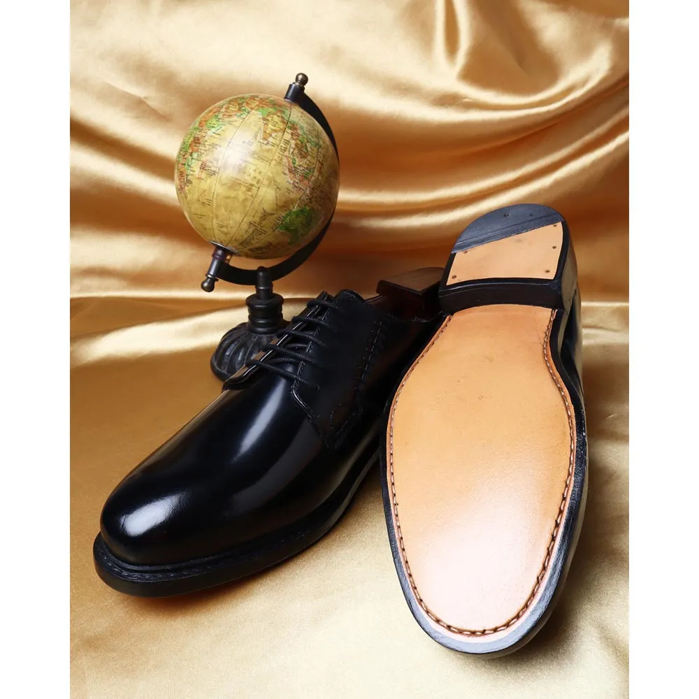 Brushed Black Calf Goodyear Welted Derby with Stitch Detail with Wide Fitting