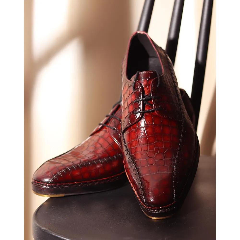 Burgundy Croco Mirror Glossed Patina Norwegian Welted Stitch Detail Derby   Metal Toe   Cuban Heel