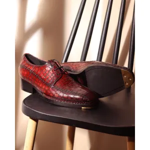 Burgundy Croco Mirror Glossed Patina Norwegian Welted Stitch Detail Derby   Metal Toe   Cuban Heel