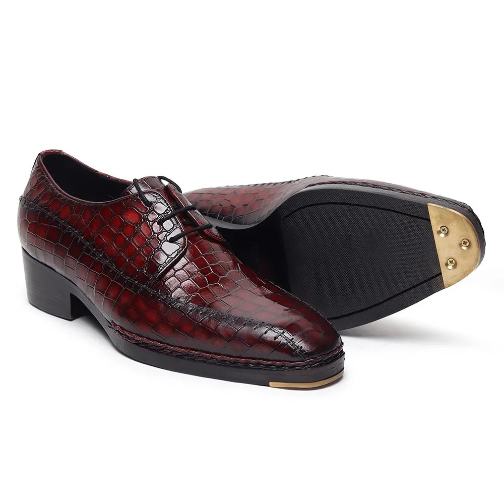 Burgundy Croco Mirror Glossed Patina Norwegian Welted Stitch Detail Derby   Metal Toe   Cuban Heel