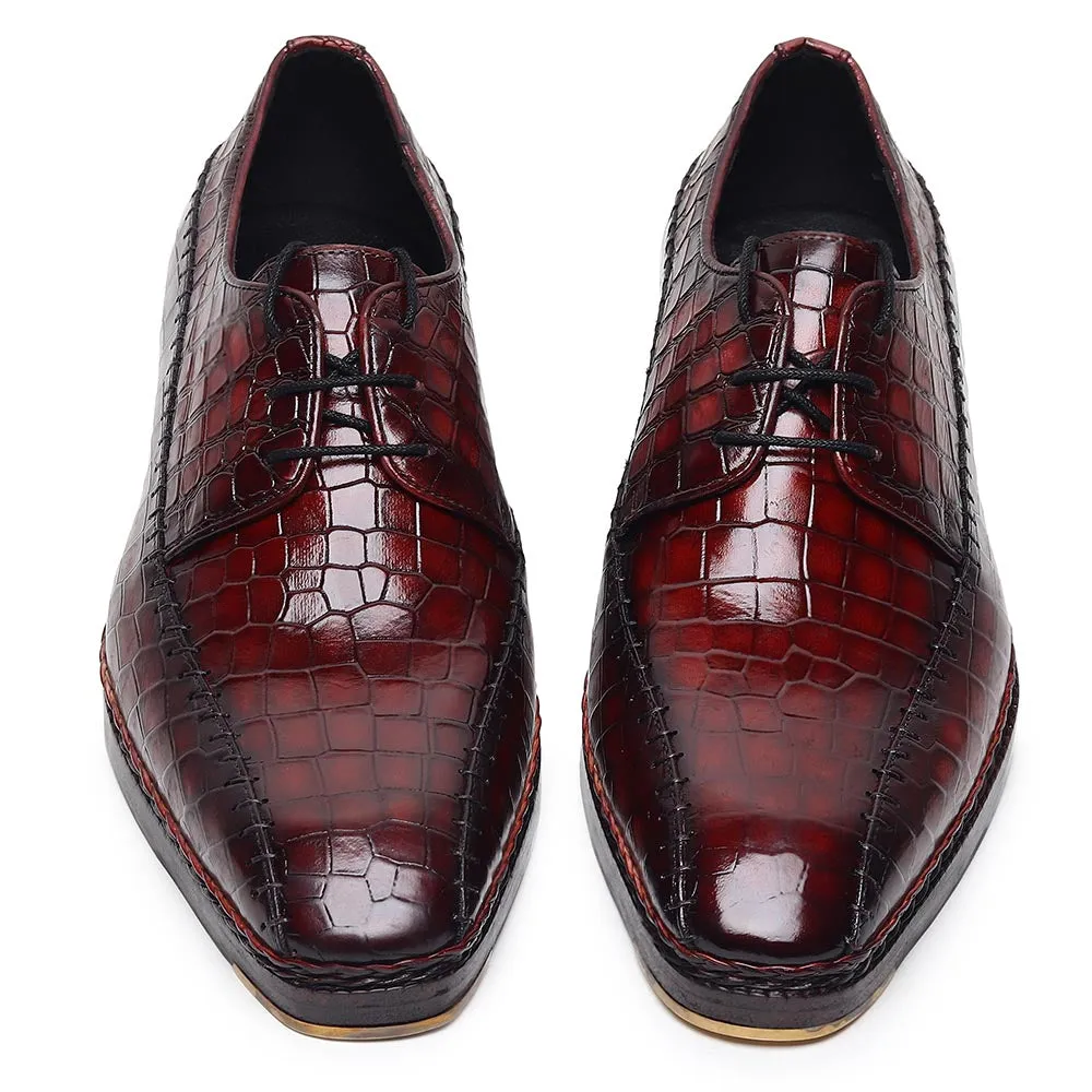 Burgundy Croco Mirror Glossed Patina Norwegian Welted Stitch Detail Derby   Metal Toe   Cuban Heel