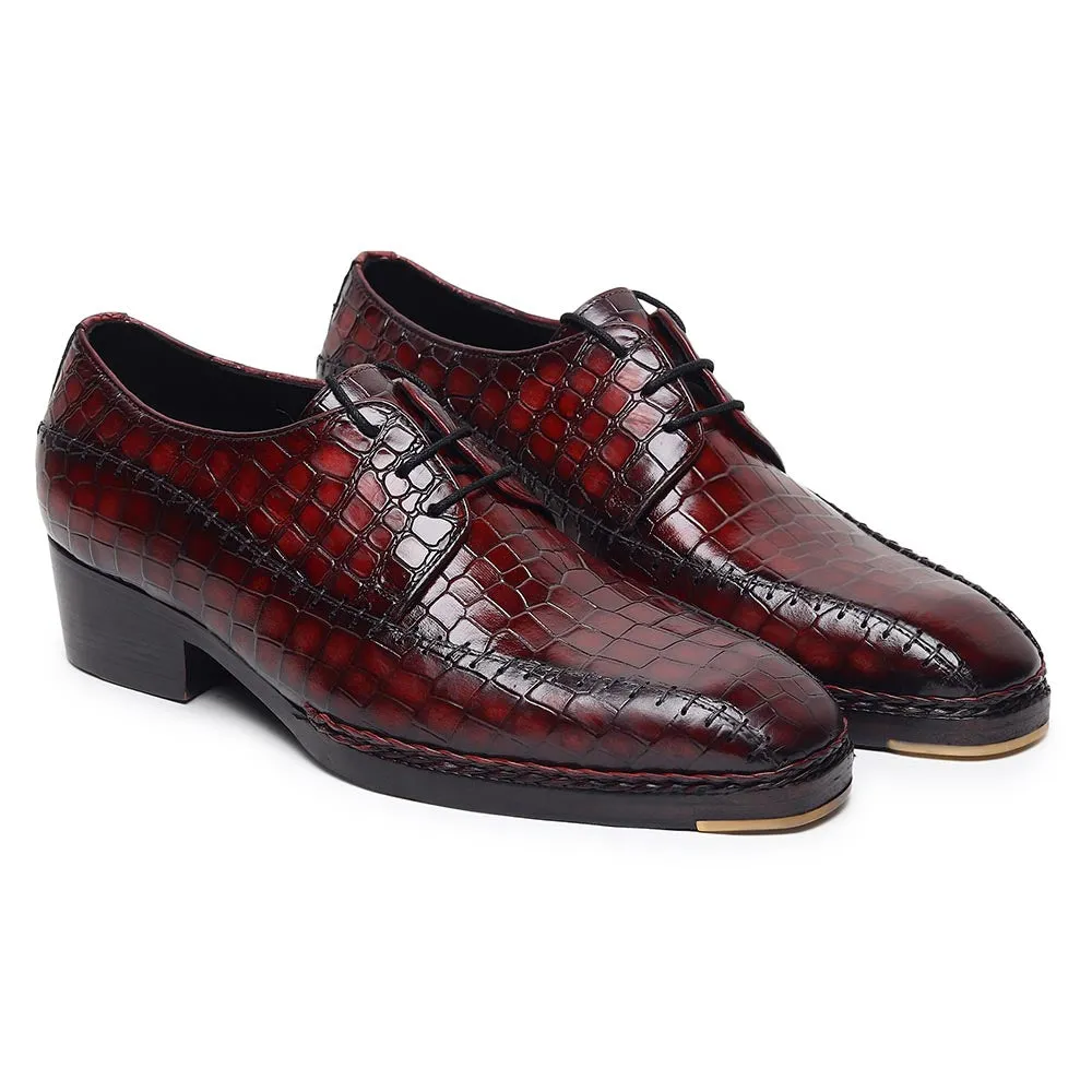 Burgundy Croco Mirror Glossed Patina Norwegian Welted Stitch Detail Derby   Metal Toe   Cuban Heel
