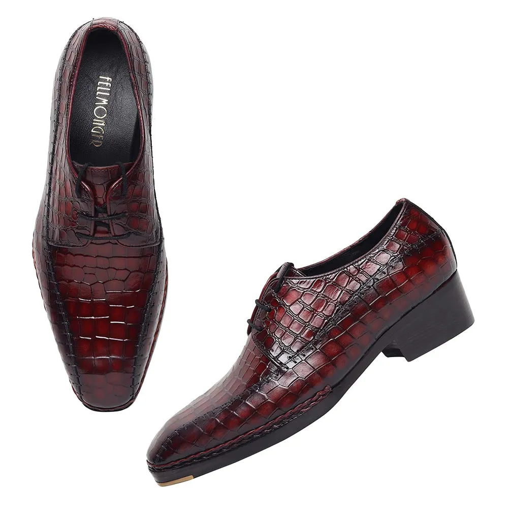 Burgundy Croco Mirror Glossed Patina Norwegian Welted Stitch Detail Derby   Metal Toe   Cuban Heel