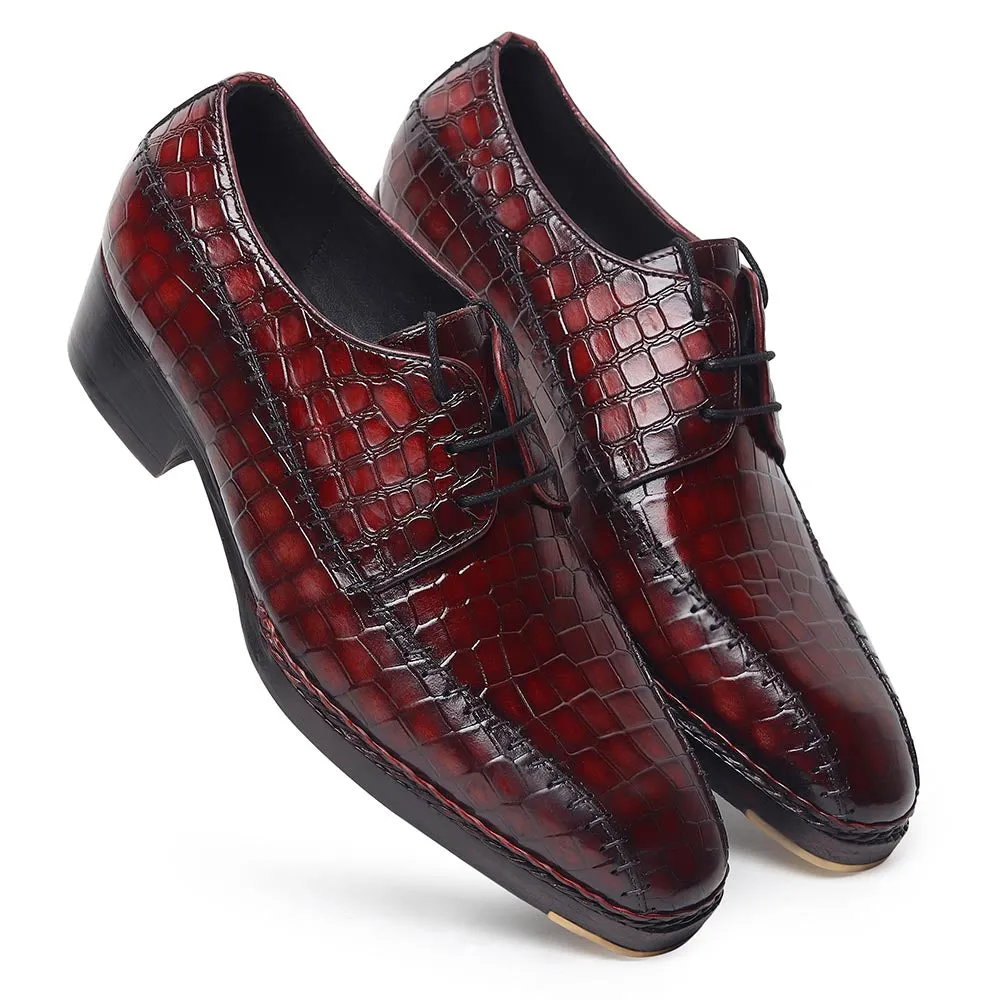 Burgundy Croco Mirror Glossed Patina Norwegian Welted Stitch Detail Derby   Metal Toe   Cuban Heel