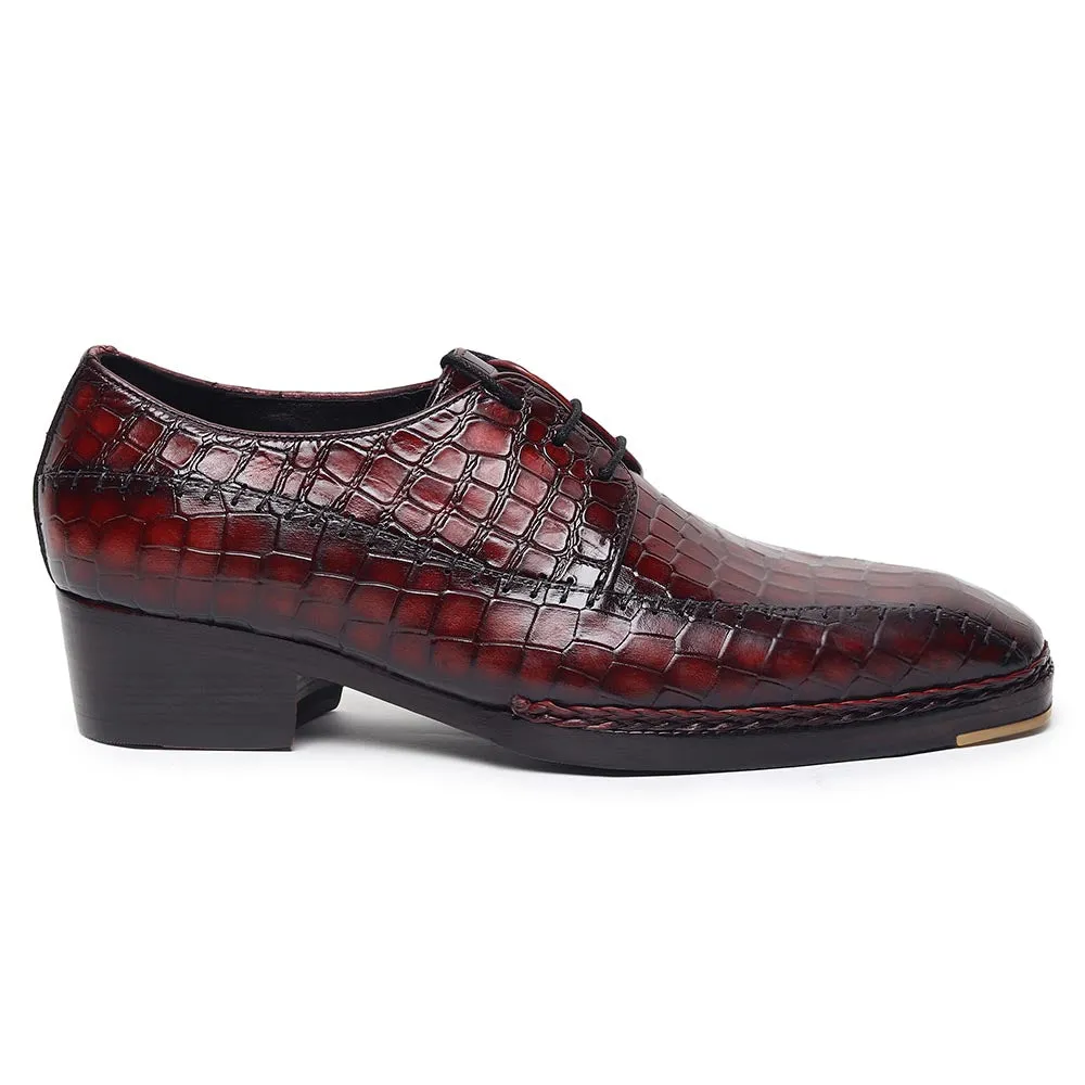 Burgundy Croco Mirror Glossed Patina Norwegian Welted Stitch Detail Derby   Metal Toe   Cuban Heel