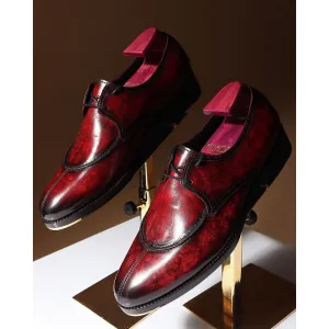 Burgundy Mirror Glossed Marble Patina Apron Toe Modern Derby   Metal Toe