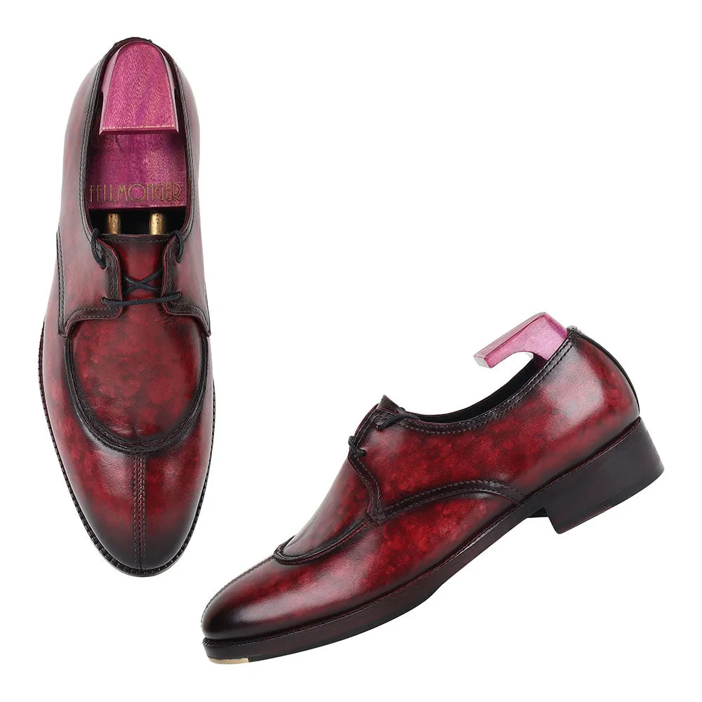 Burgundy Mirror Glossed Marble Patina Apron Toe Modern Derby   Metal Toe