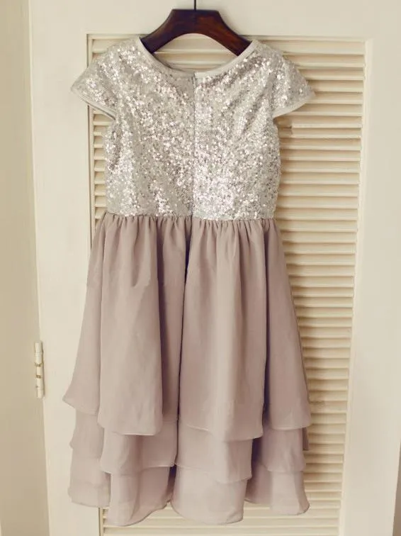 Chiffon Princess Short Sleeves Sequin Long Flower Girl Dresses