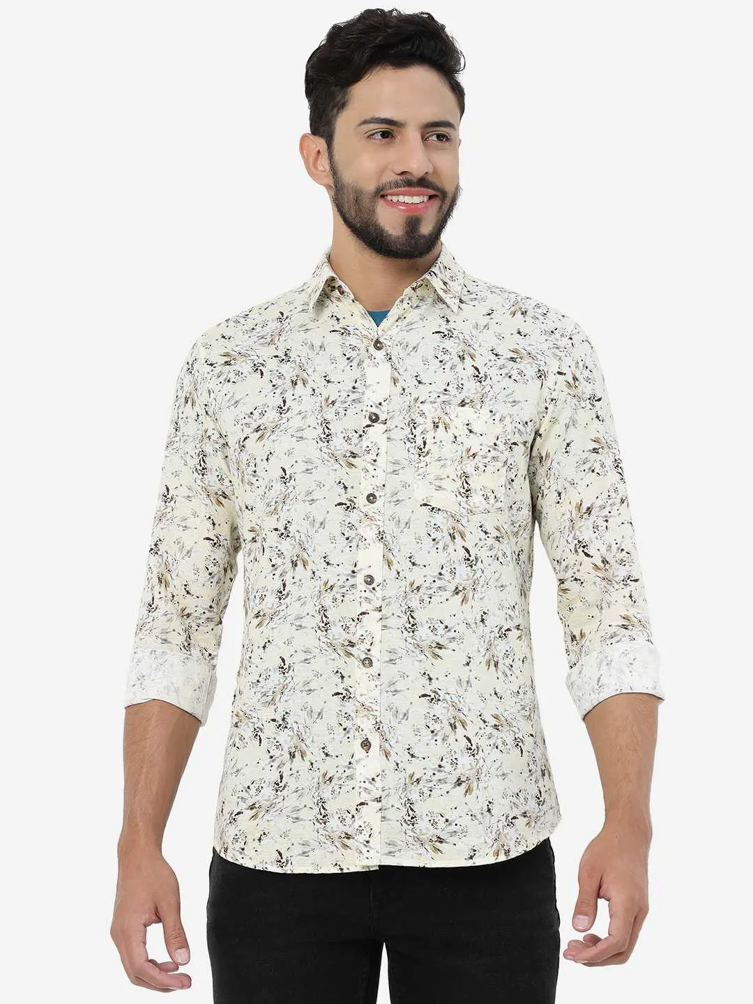 Cream Printed Slim Fit Casual Shirt | JadeBlue