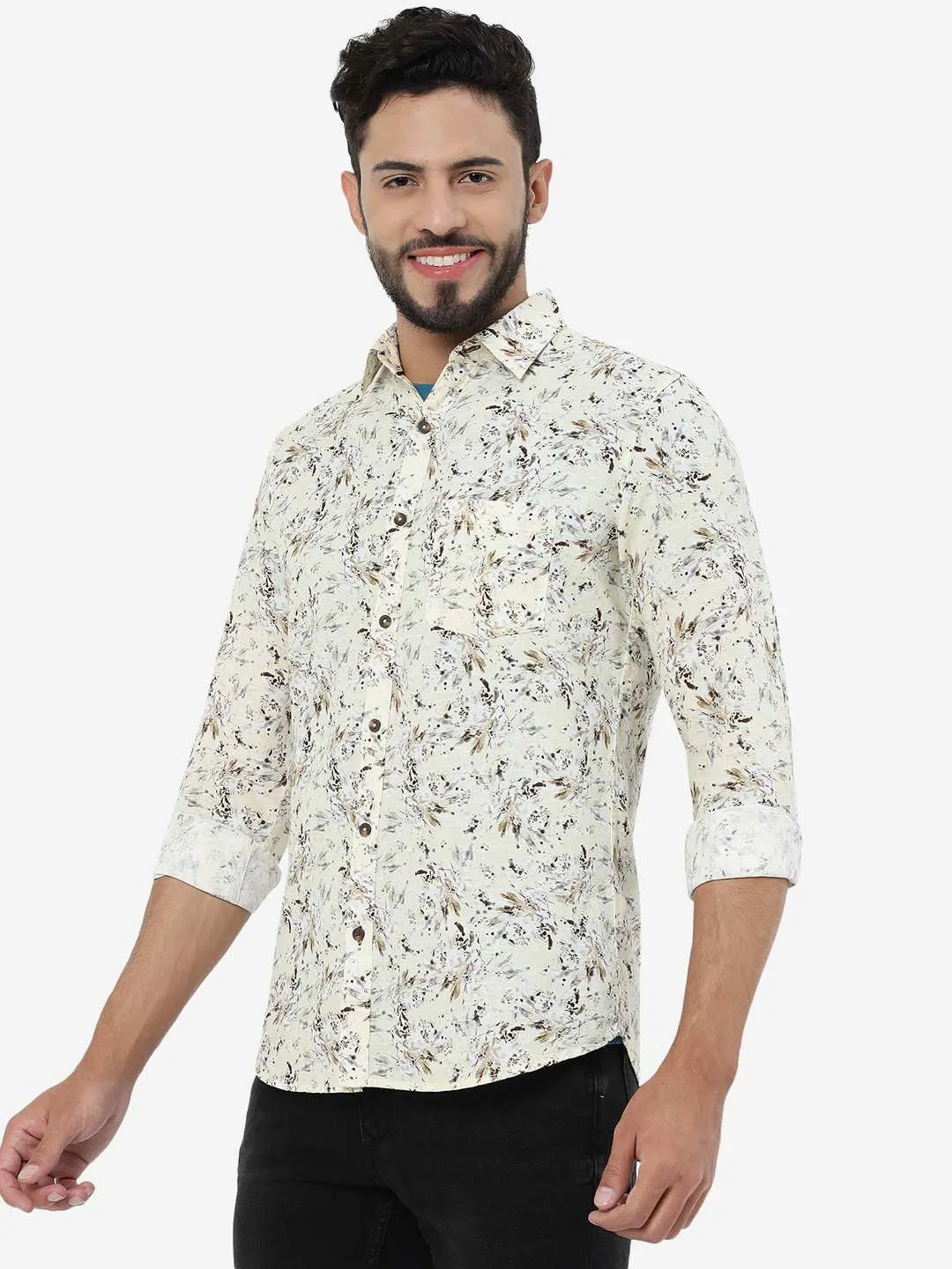 Cream Printed Slim Fit Casual Shirt | JadeBlue