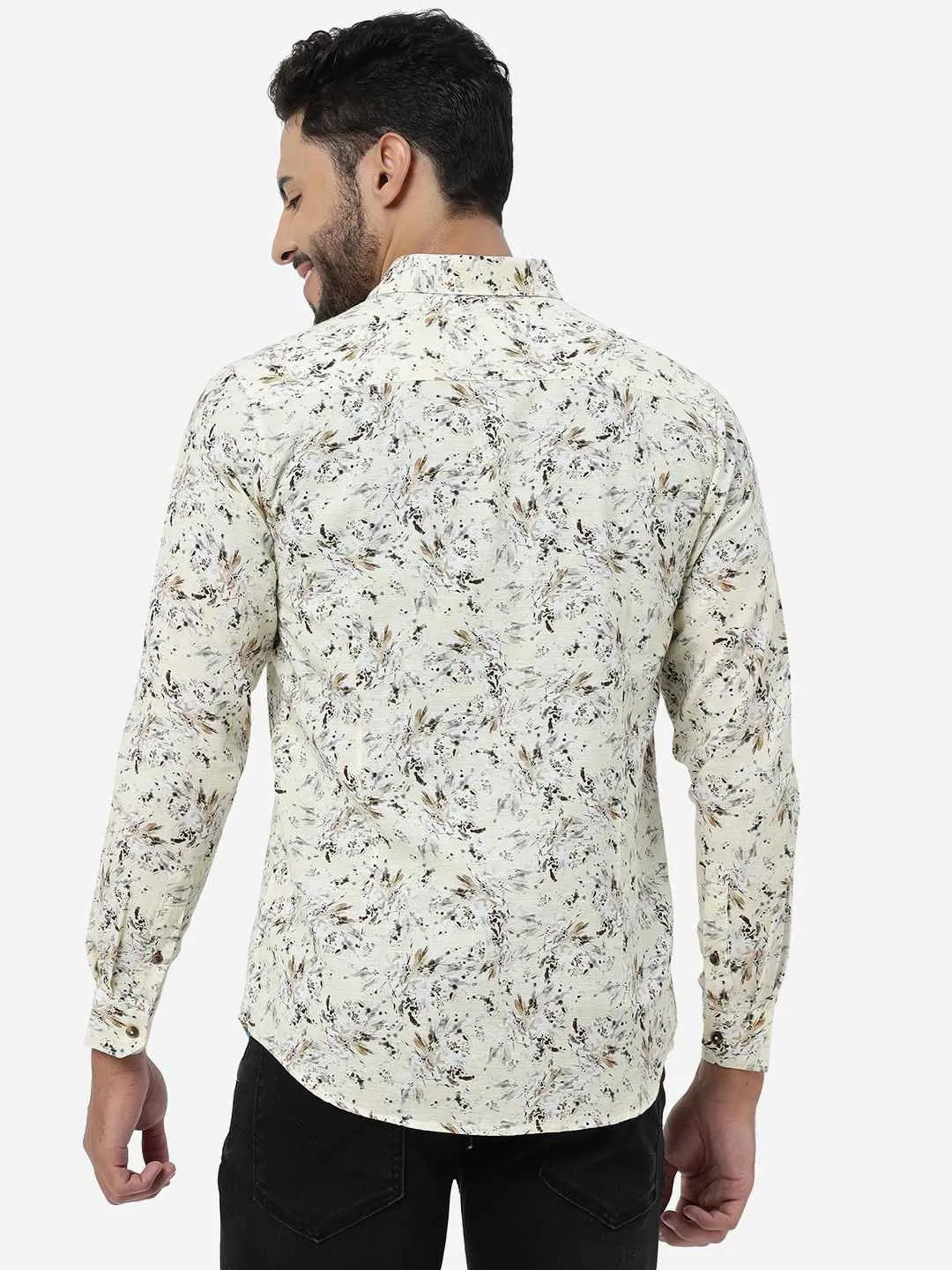 Cream Printed Slim Fit Casual Shirt | JadeBlue