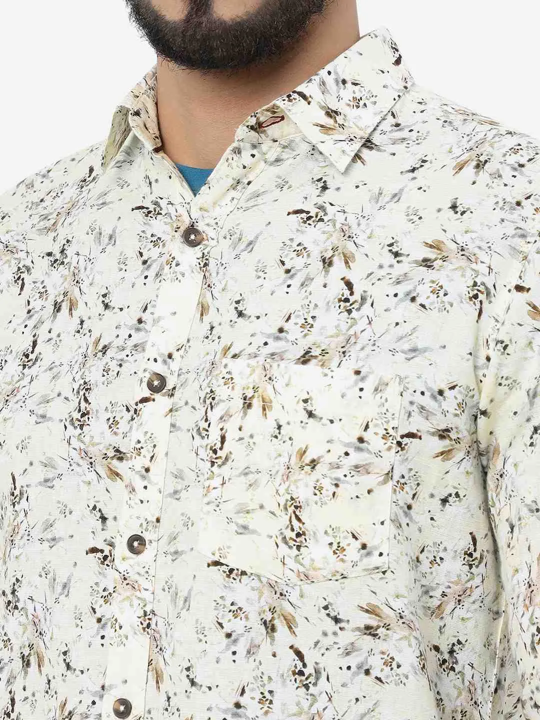 Cream Printed Slim Fit Casual Shirt | JadeBlue