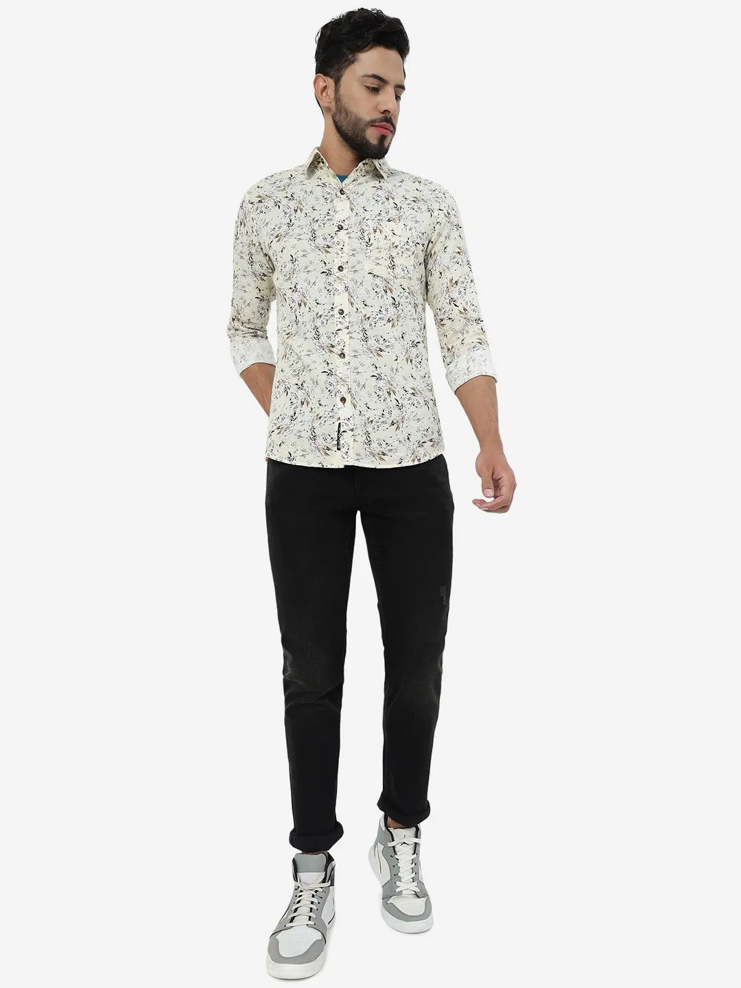 Cream Printed Slim Fit Casual Shirt | JadeBlue