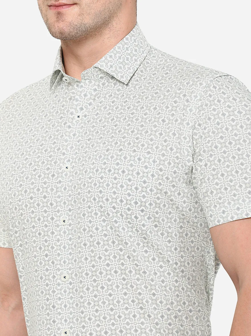 Cream Printed Slim Fit Formal Shirt | JadeBlue
