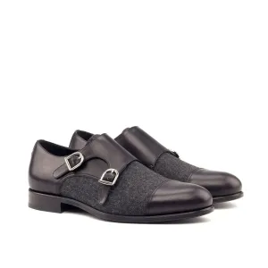 DapperFam Monaco in Black / Dark Grey Men's Flannel & Italian Leather Double Monk
