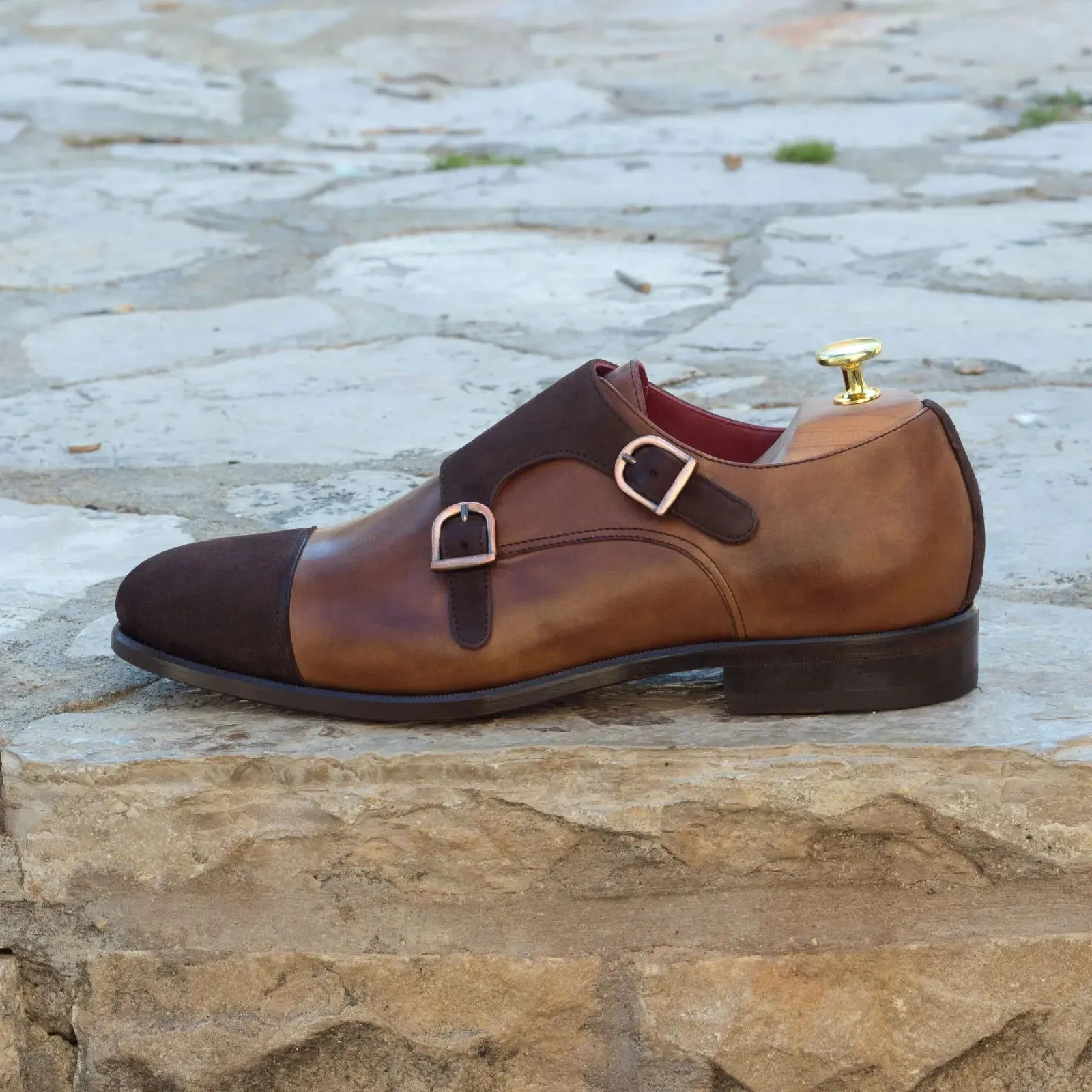 DapperFam Monaco in Med Brown / Brown Men's Italian Leather & Italian Suede Double Monk