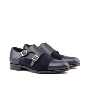 DapperFam Monaco in Navy Men's Italian Leather & Lux Suede Double Monk