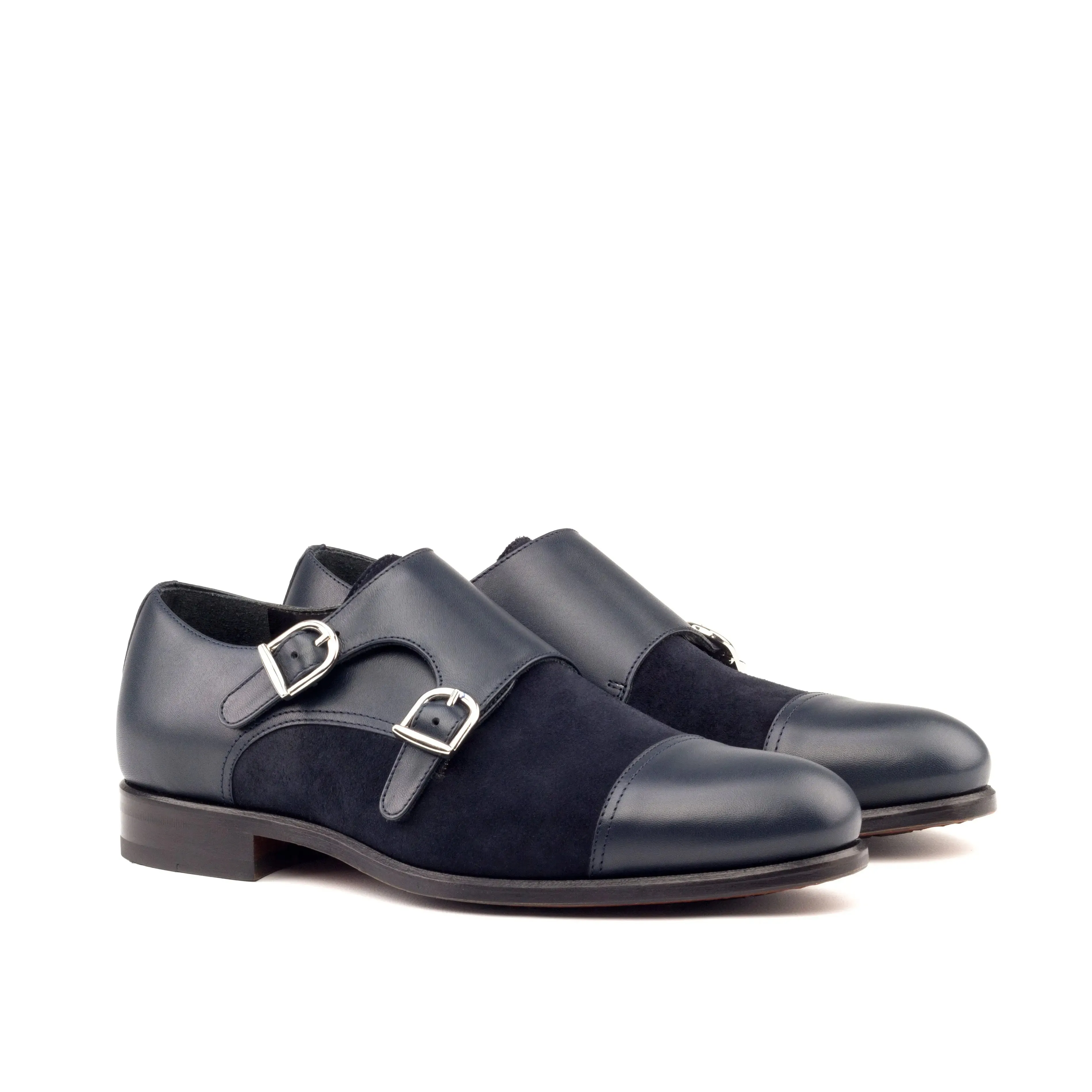 DapperFam Monaco in Navy Men's Italian Leather & Lux Suede Double Monk