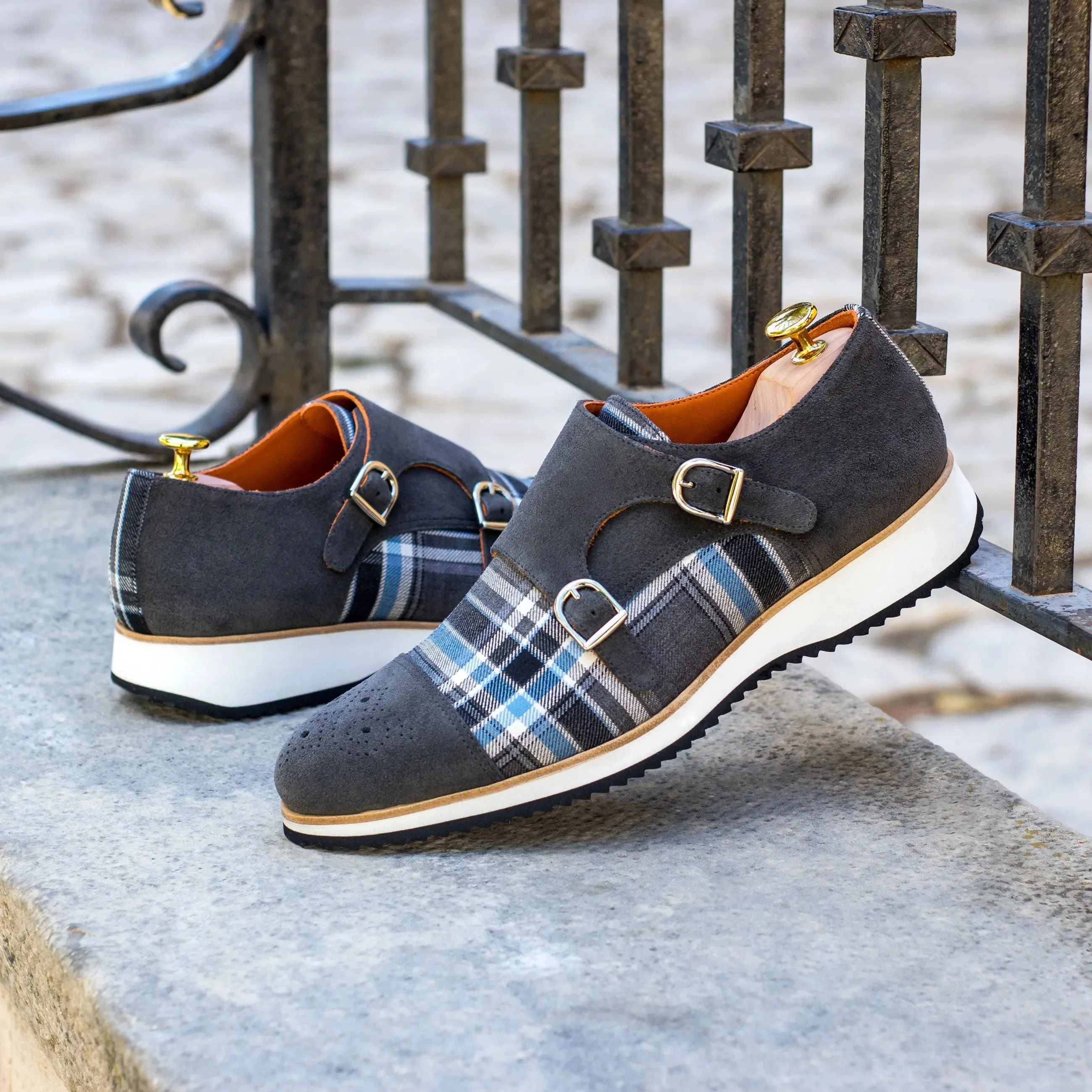 DapperFam Monaco in Plaid / Grey Men's Sartorial & Lux Suede Double Monk