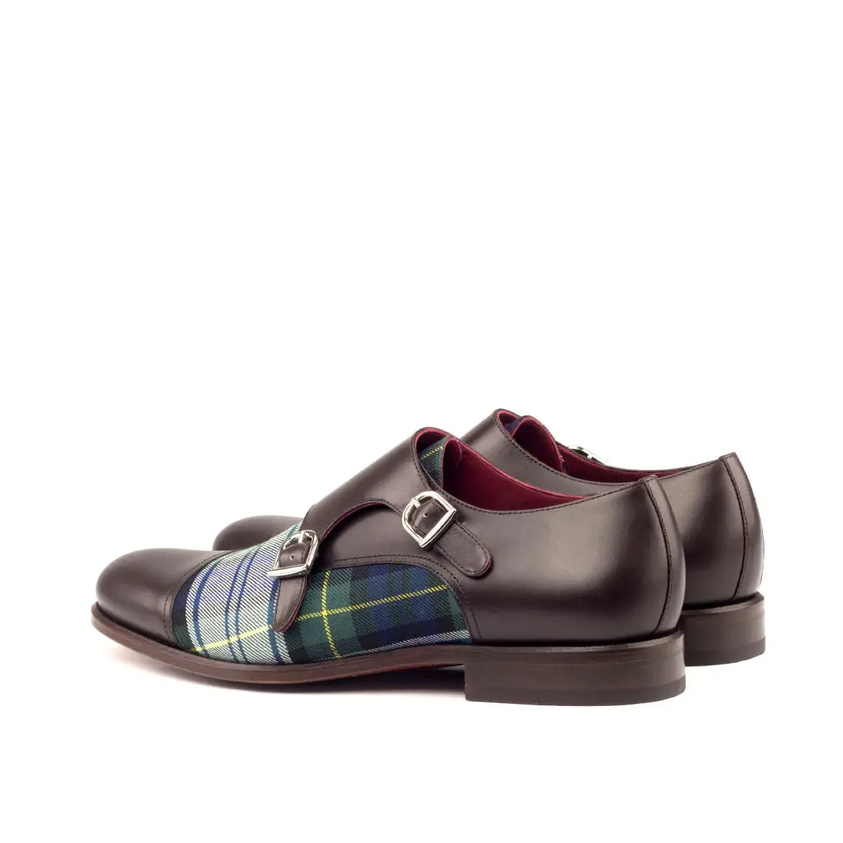 DapperFam Monaco in Tartan / Dark Brown Men's Sartorial & Italian Leather Double Monk