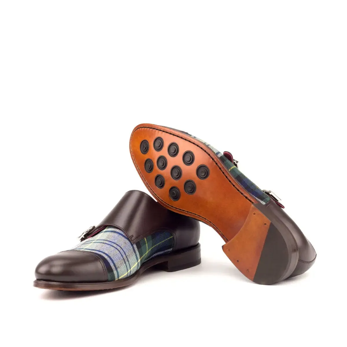 DapperFam Monaco in Tartan / Dark Brown Men's Sartorial & Italian Leather Double Monk
