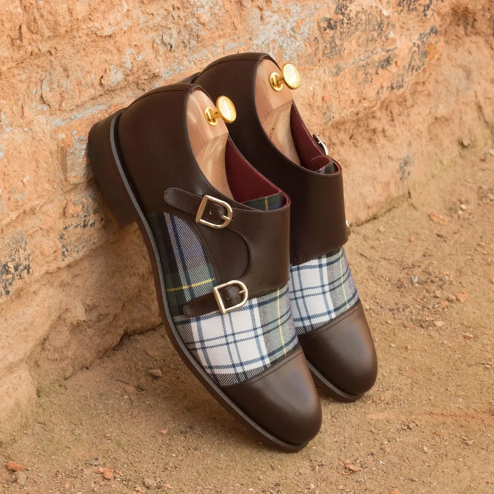 DapperFam Monaco in Tartan / Dark Brown Men's Sartorial & Italian Leather Double Monk