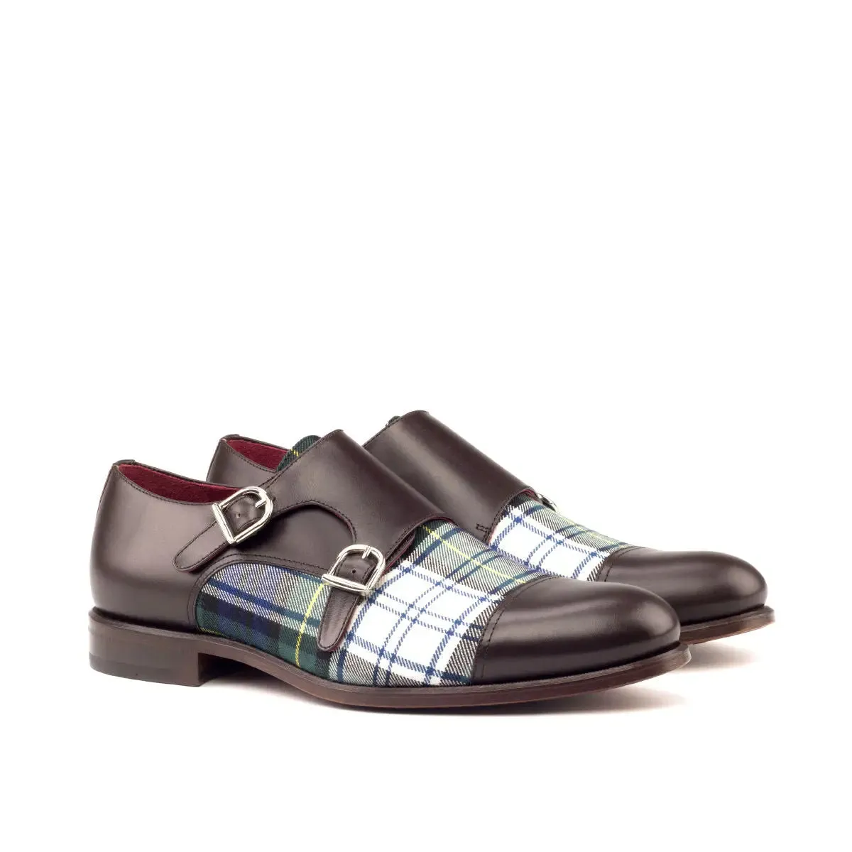 DapperFam Monaco in Tartan / Dark Brown Men's Sartorial & Italian Leather Double Monk