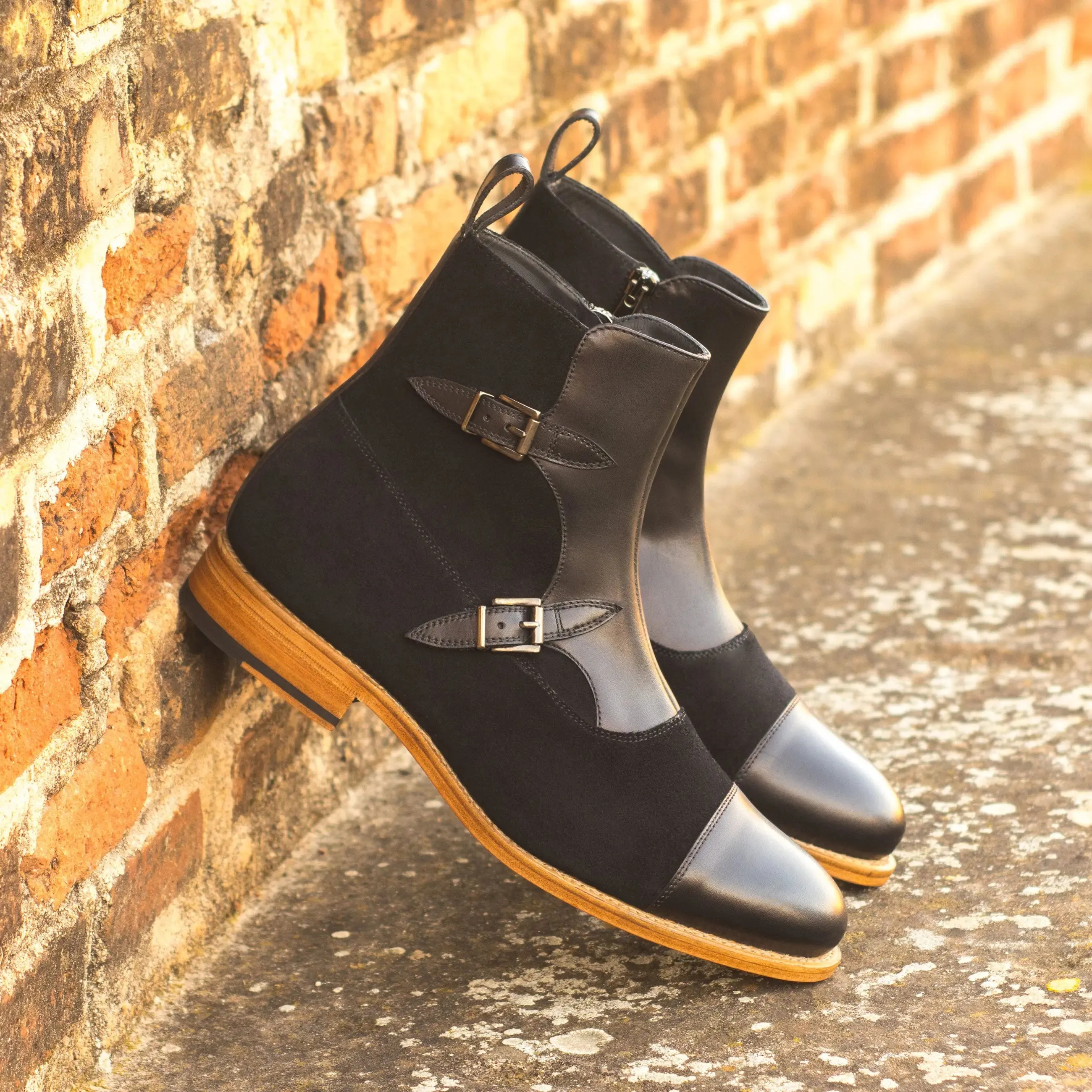 DapperFam Octavian in Black Men's Lux Suede & Italian Leather Buckle Boot