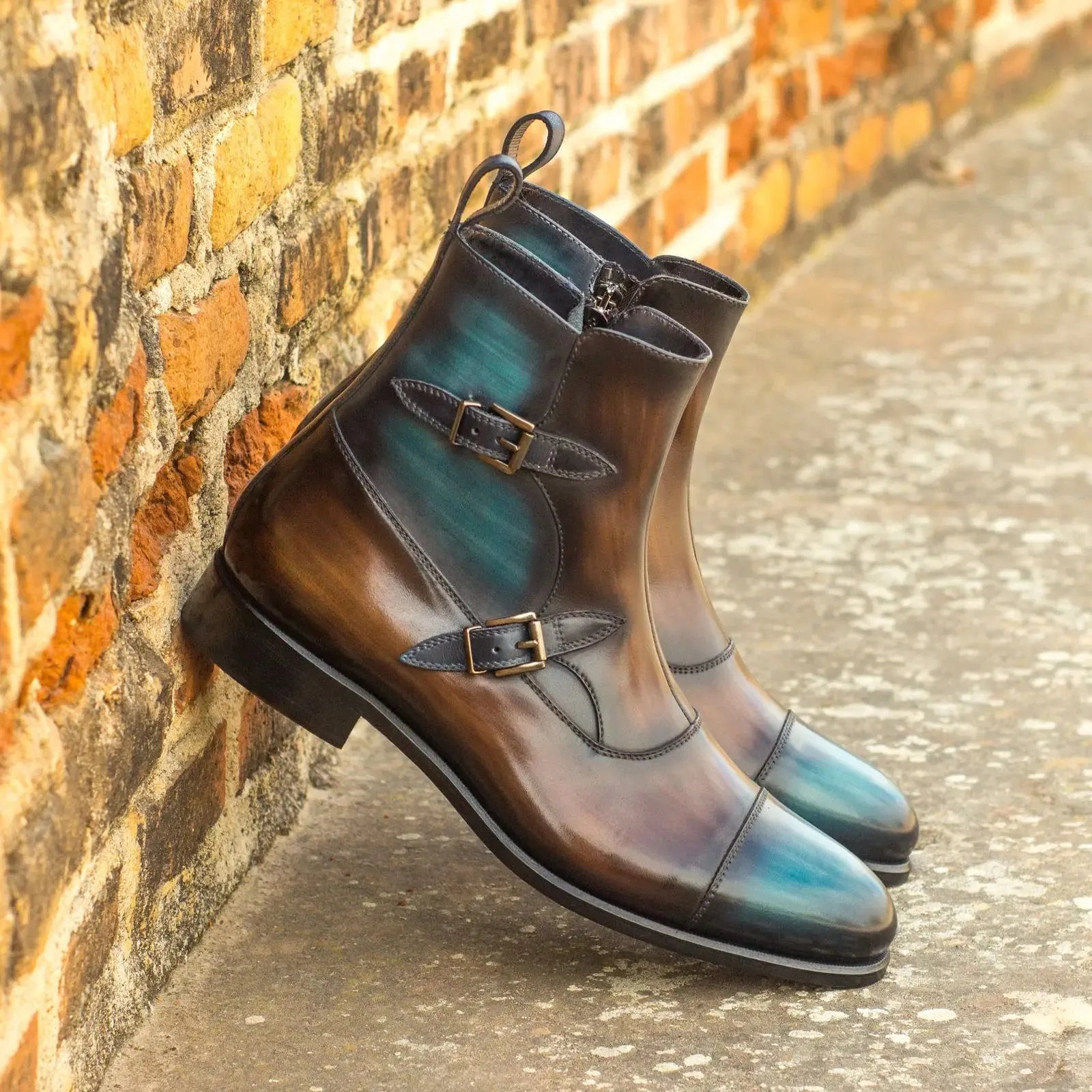 DapperFam Octavian in Brown / Turquoise / Denim Men's Hand-Painted Patina Buckle Boot