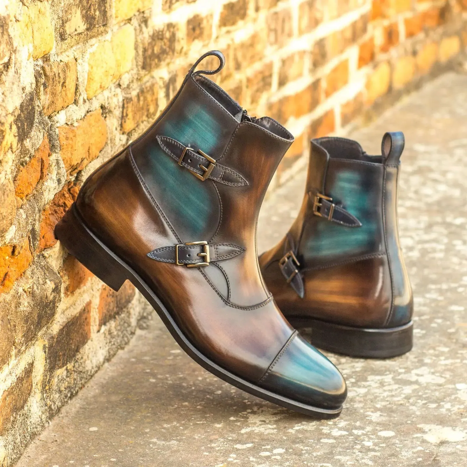 DapperFam Octavian in Brown / Turquoise / Denim Men's Hand-Painted Patina Buckle Boot