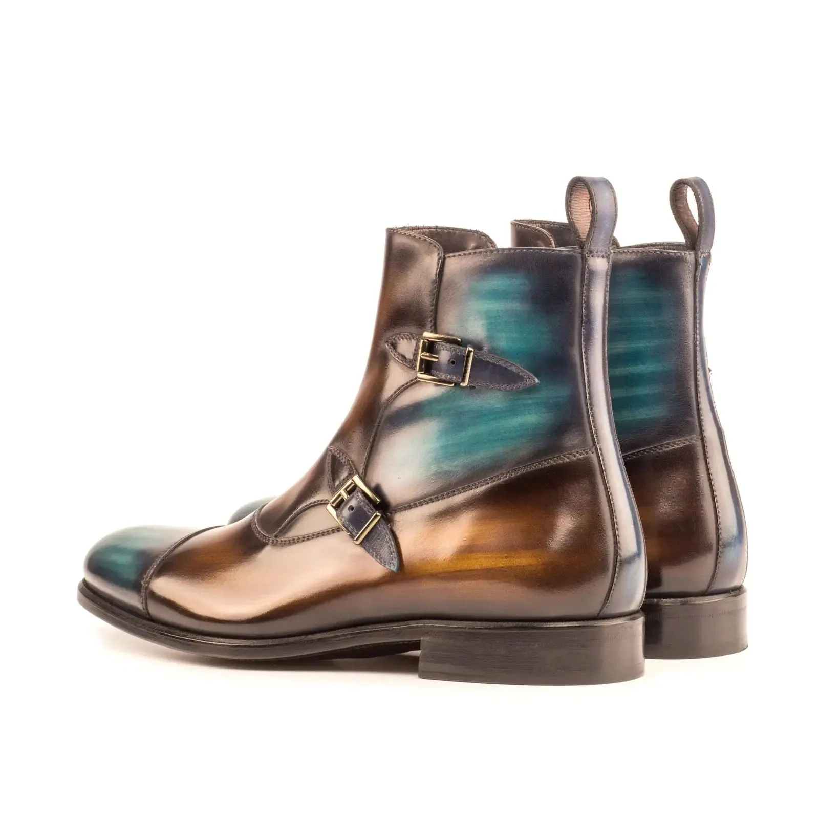DapperFam Octavian in Brown / Turquoise / Denim Men's Hand-Painted Patina Buckle Boot
