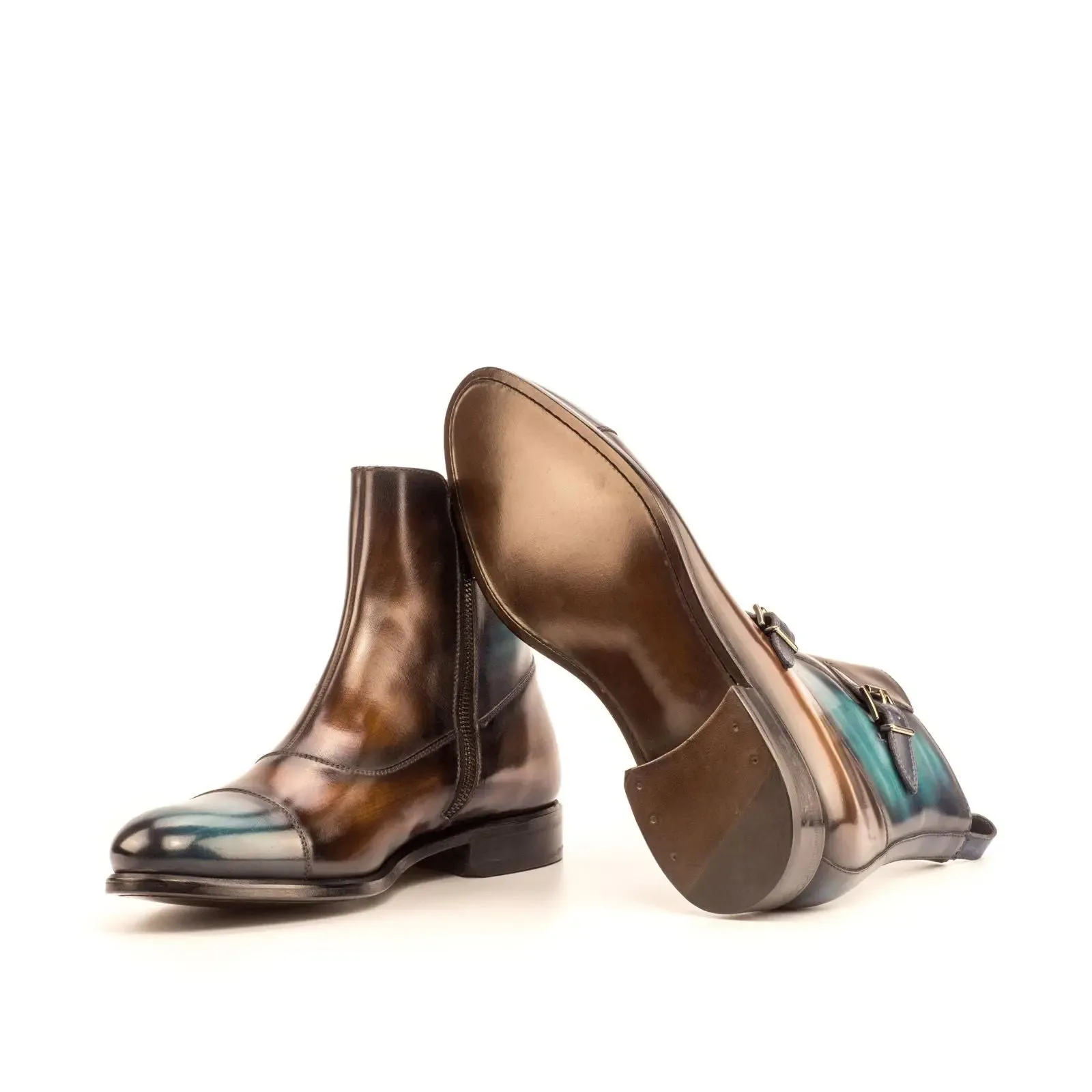 DapperFam Octavian in Brown / Turquoise / Denim Men's Hand-Painted Patina Buckle Boot