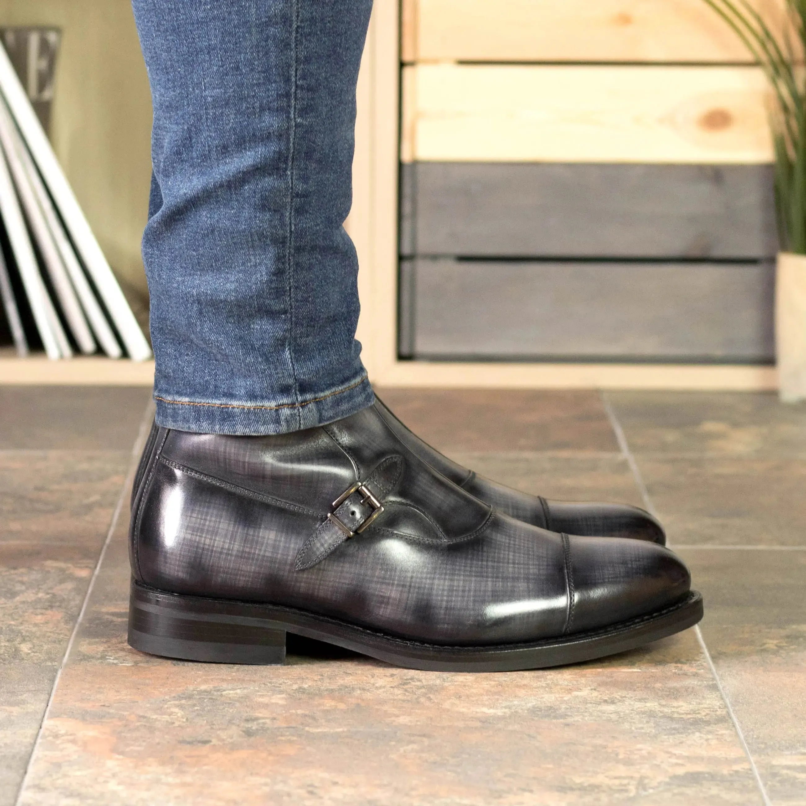 DapperFam Octavian in Grey Men's Hand-Painted Patina Buckle Boot