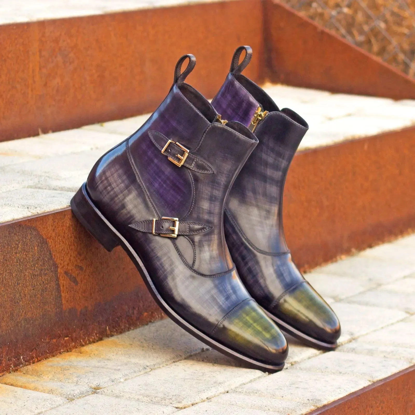 DapperFam Octavian in Grey / Purple / Khaki Men's Hand-Painted Patina Buckle Boot