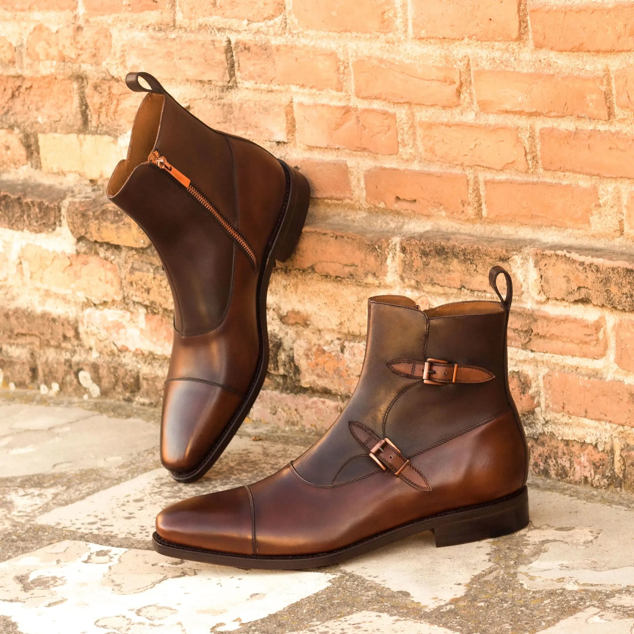DapperFam Octavian in Med Brown / Dark Brown Men's Italian Leather Buckle Boot