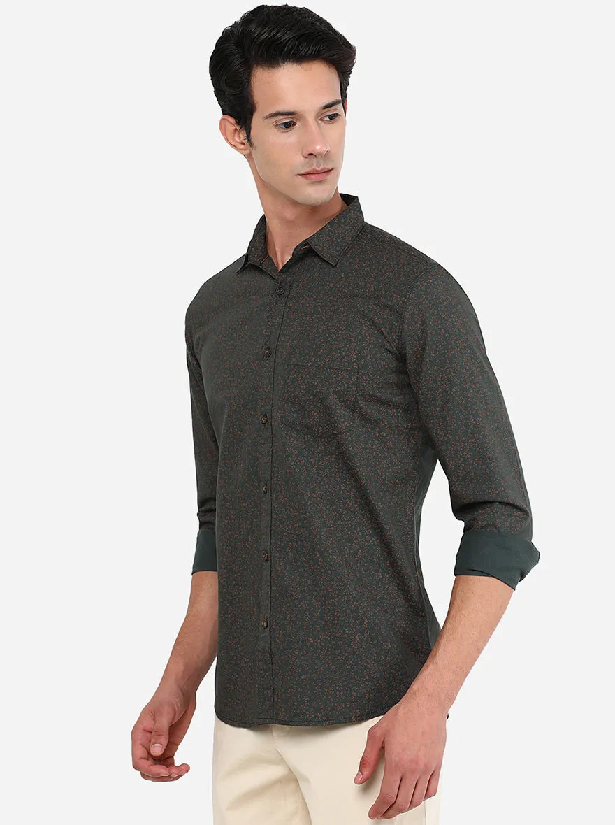 Dark Green Printed Slim Fit Semi Casual Shirt | JadeBlue