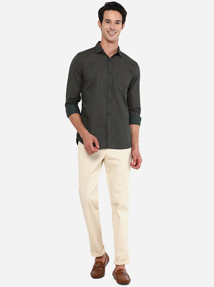 Dark Green Printed Slim Fit Semi Casual Shirt | JadeBlue