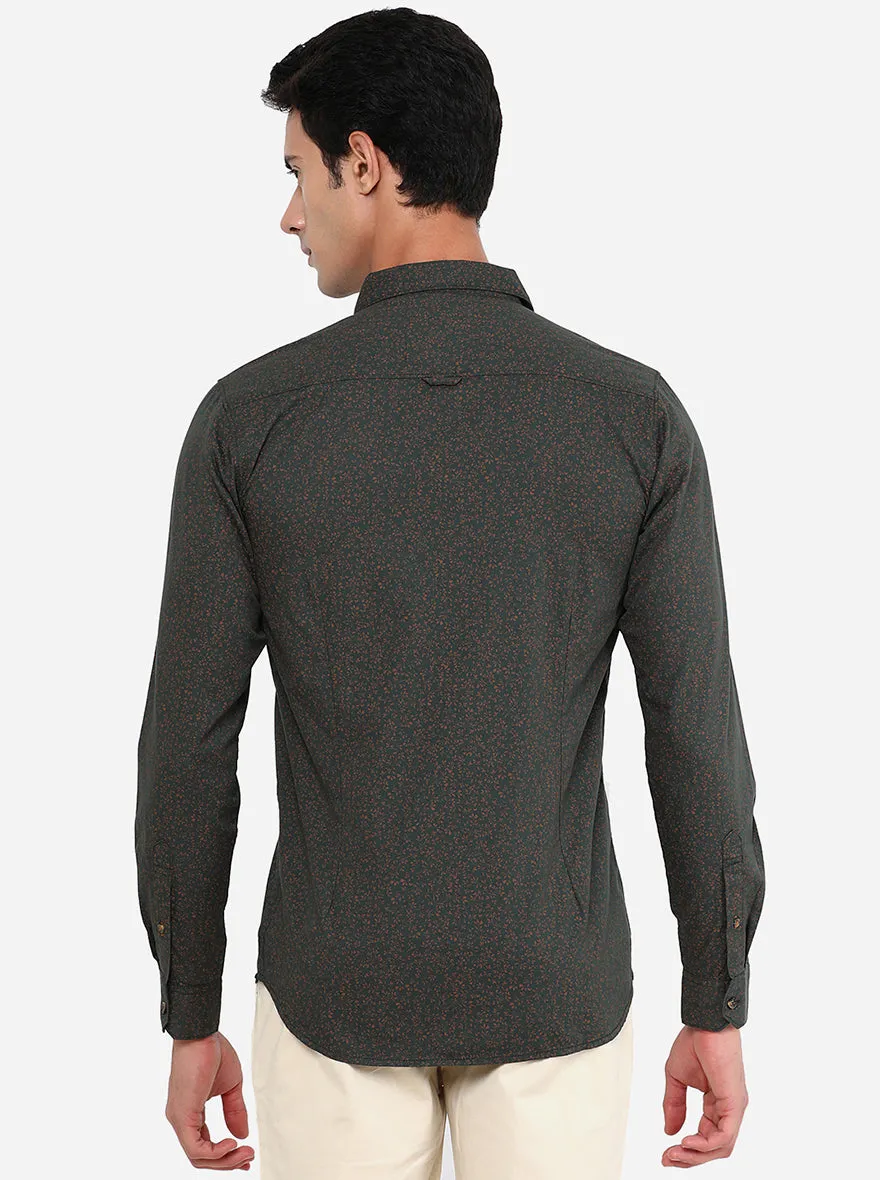 Dark Green Printed Slim Fit Semi Casual Shirt | JadeBlue