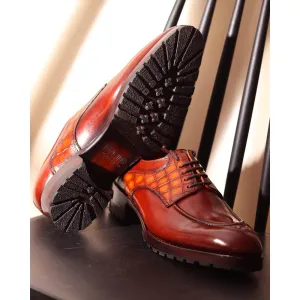 Dark Tan Mirror Glossed Patina Goodyear Welted Apron Derby With Croco Saddle