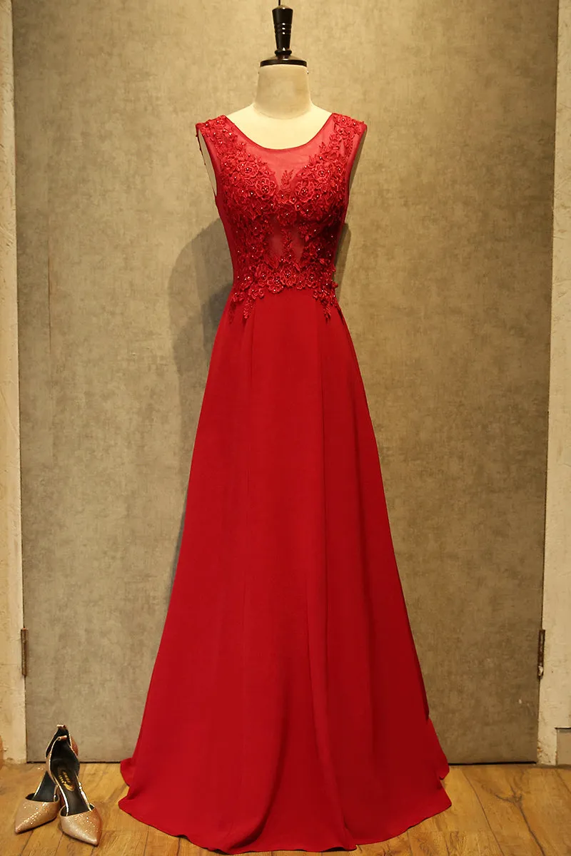 Eleagnt Red Prom Dress , Red Party Dress with Lace Applique